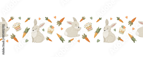 Easter and spring signs with flowers bouquet seamless border. Vector hand drawn horizontal ribbon with wooden plaques, lily of the valley and daffodils for festive decoration.