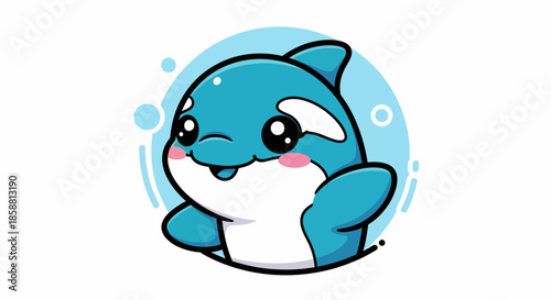 Cute cartoon orca whale waving hello with happy expression.
