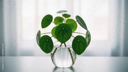 Round green leaves grow from cuttings in clear water