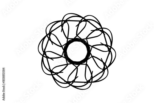 A black and white illustration of a circular design with swirling lines