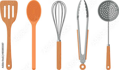 Vector Set of Professional Kitchen Utensils Including Spatula Whisk and Tongs with Wood Handles