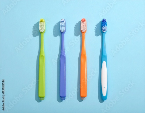 Minimalist Overhead View of Multicolored Modern Toothbrushes on Light Blue Surface