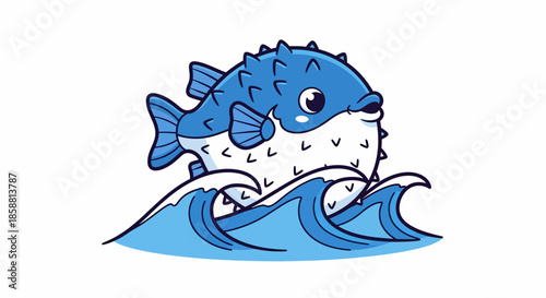 Cute cartoon pufferfish swimming in ocean waves illustration.