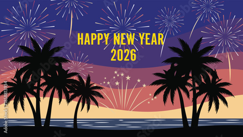 Happy new year 2026 fireworks celebration under palm trees