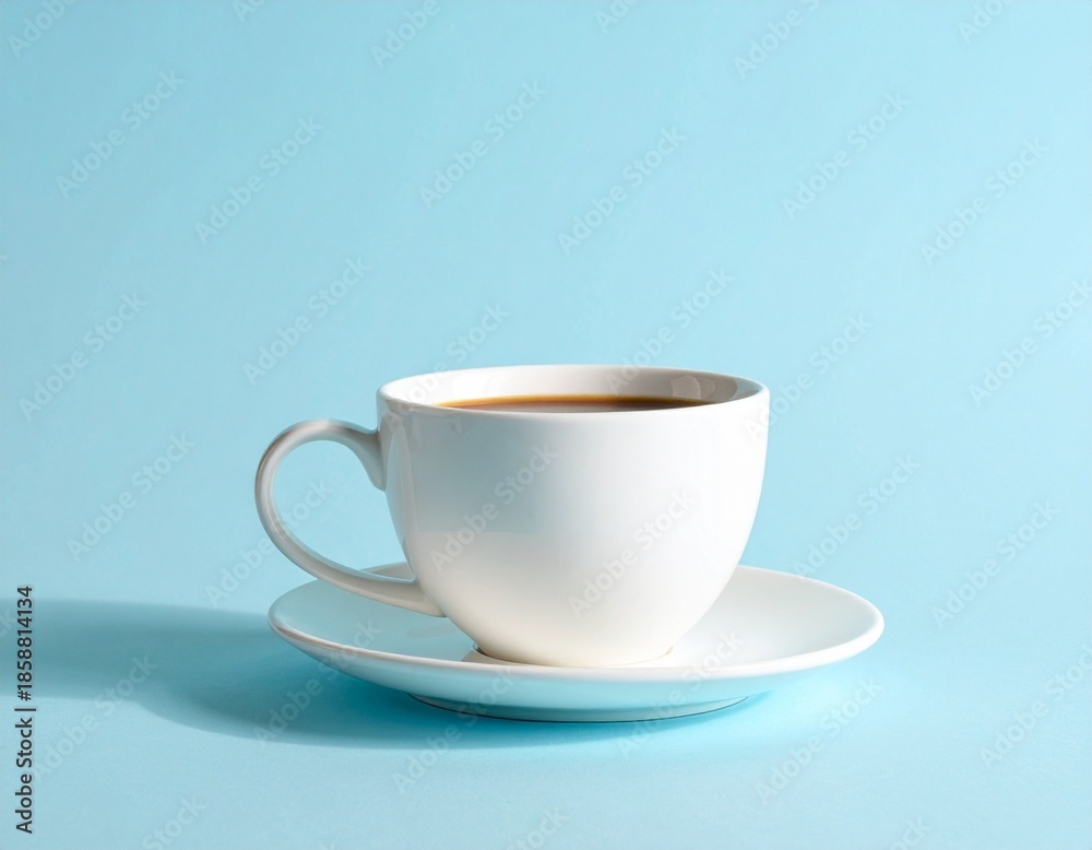 Fototapeta premium Minimalist White Cup of Black Coffee on Light Blue Background with Soft Shadow