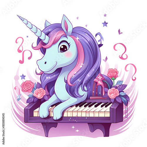 Magical purple unicorn plays accordion surrounded by music notes