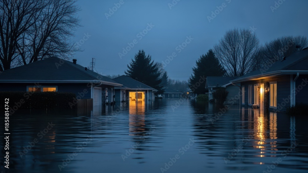 Obraz premium Suburban street submerged in dark floodwaters, houses illuminated from within