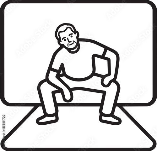 Man performing squat exercise in front of large screen monitor during virtual workout session