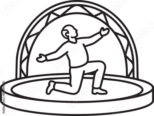Performer kneeling on platform under semicircular decorated frame backdrop sketch