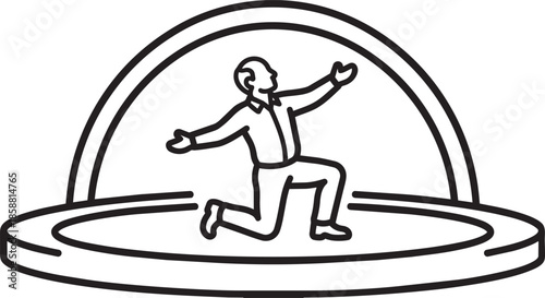 Middle aged man kneeling with open arms on stage under dome shape vector line art illustration