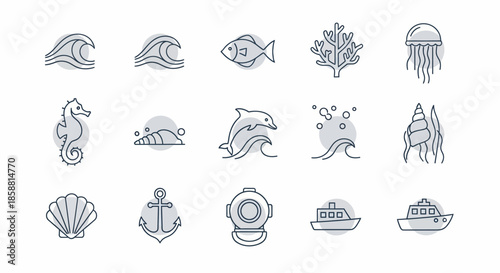 Ocean and sea life icons set with marine animals and nautical elements.