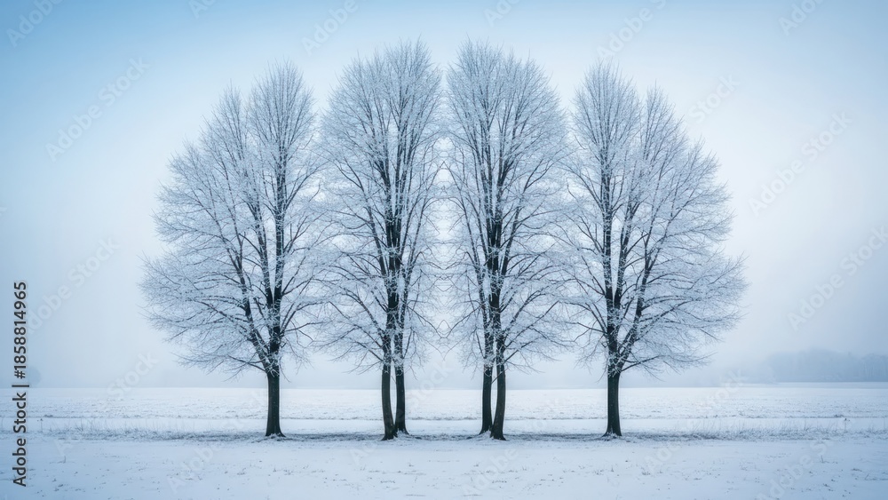 Fototapeta premium Symmetrical frost-covered trees stand in a misty winter field
