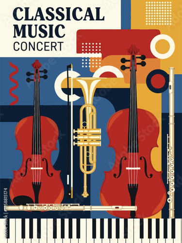 Modern vector illustration poster for classical music concert with violin and piano elements, ideal for orchestra events, recitals, and cultural promotions