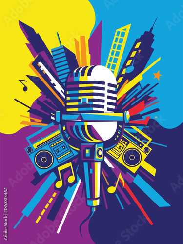 Modern vector illustration poster for hip hop concert with microphone and urban style, ideal for rap shows, street culture events, and music promotions