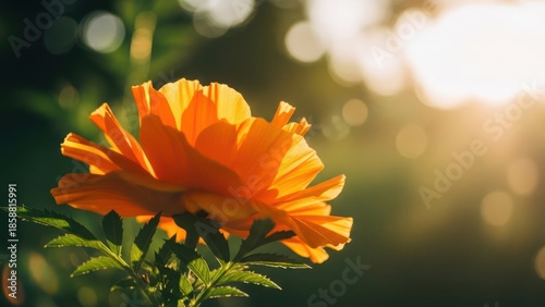 Vibrant orange flower glows in soft golden sunlight