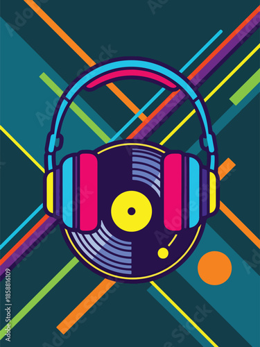 Modern vector illustration poster for DJ night event with headphones and vinyl record, ideal for club nights and electronic music promotions