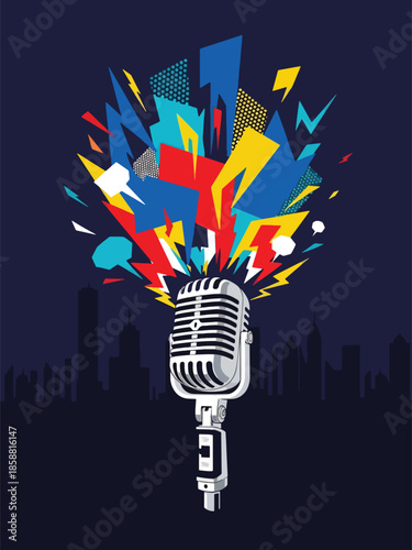 Modern vector illustration poster for rap battle event with microphone and dynamic urban elements, ideal for hip hop competitions and youth promotions