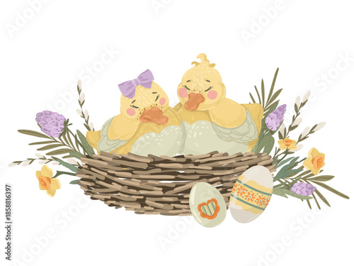 Cute duckling and easter cake with eggs. Vector hand drawn spring composition with yellow birds and holiday sweets for nursery textile or festive celebration cards.