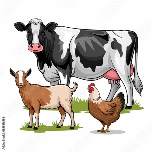A cow, goat, and chicken standing together on a grassy field, isolated on