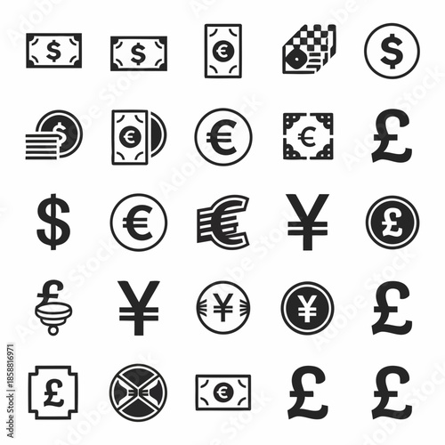 Collection of various currency symbols and icons representing different global currencies and financial elements