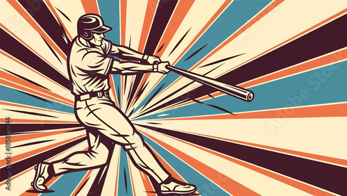 Dynamic vector illustration of baseball player swinging bat in powerful motion, retro modern sports poster style, ideal for sports ads, posters, and youth branding