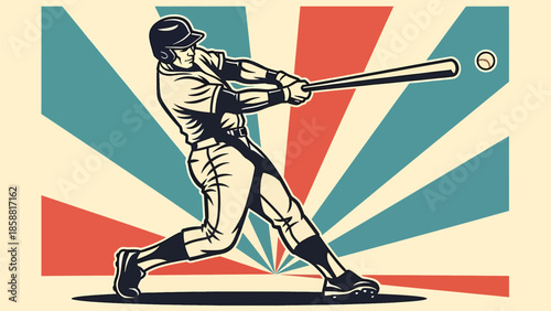 Dynamic vector illustration of baseball player swinging bat in powerful motion, retro modern sports poster style, ideal for sports ads, posters, and youth branding