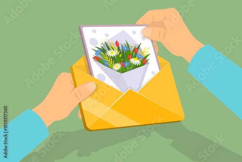 3D Isometric Flat Vector Illustration of Holiday Postcard, Hands Opening Mail Envelope To Take Or Put Postcard