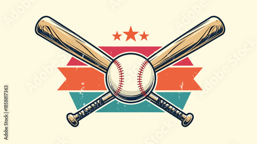 Vector illustration of crossed baseball bats with central ball, bold sports emblem design ideal for logos, posters, merchandise, and branding