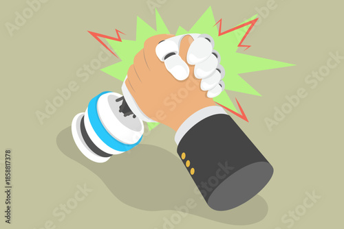 3D Isometric Flat Vector Illustration of Human-robot Competition, Businessman Challenges Robot In Arm Wrestling Contest.