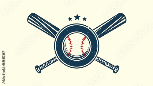 Vector illustration of crossed baseball bats with central ball, bold sports emblem design ideal for logos, posters, merchandise, and branding
