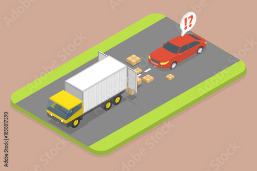 3D Isometric Flat Vector Illustration of Road Accident, Boxes Spilled From Truck Into Passing Car Due To Door Being Left Unlocked