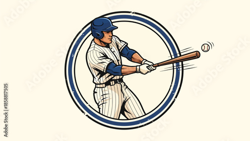 Retro vector illustration of baseball player swinging bat inside circular badge design, classic sports poster style ideal for prints,logo, and branding