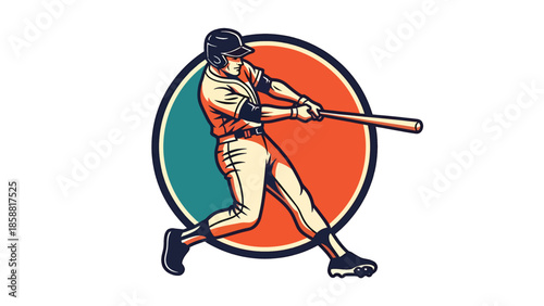 Retro vector illustration of baseball player swinging bat inside circular badge design, classic sports poster style ideal for prints,logo, and branding