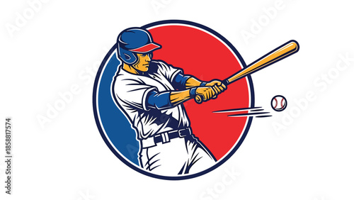 Retro vector illustration of baseball player swinging bat inside circular badge design, classic sports poster style ideal for prints,logo, and branding