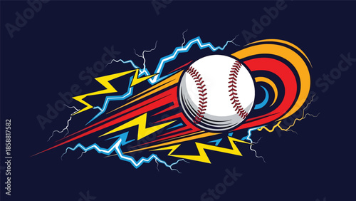 High-energy vector illustration of baseball flying with lightning-style motion shapes, modern youth sports background ideal for ads and posters