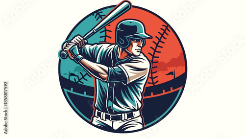 Retro vector illustration of baseball player swinging bat inside circular badge design, classic sports poster style ideal for prints,logo, and branding