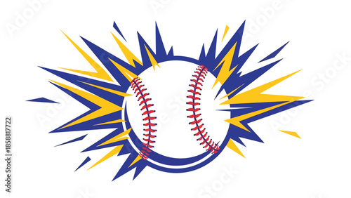 Bold vector illustration of baseball with stylized stitching and impact effects, modern sports graphic ideal for posters, ads, and merch