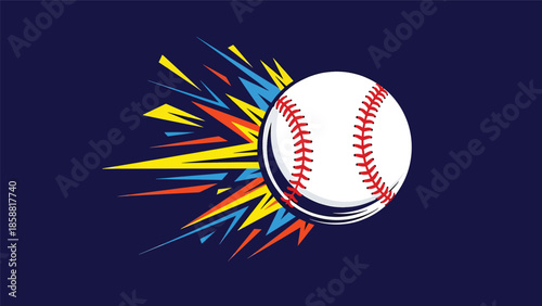 Bold vector illustration of baseball with stylized stitching and impact effects, modern sports graphic ideal for posters, ads, and merch