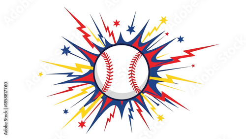 Bold vector illustration of baseball with comic-style impact accents, high-energy sports graphic ideal for youth advertising and posters