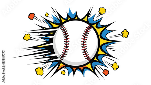 Bold vector illustration of baseball with comic-style impact accents, high-energy sports graphic ideal for youth advertising and posters