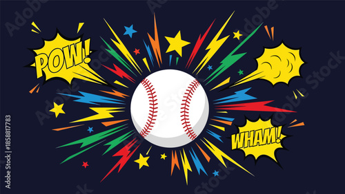 Bold vector illustration of baseball with comic-style impact accents, high-energy sports graphic ideal for youth advertising and posters