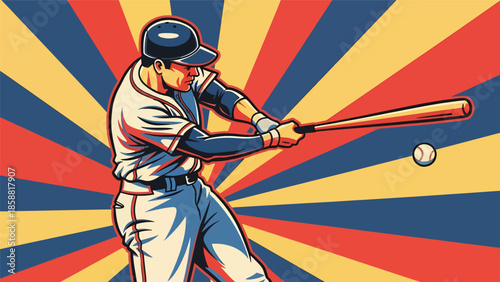 Retro vector illustration of baseball player with strong outlines and dynamic rays, classic sports poster style ideal for prints