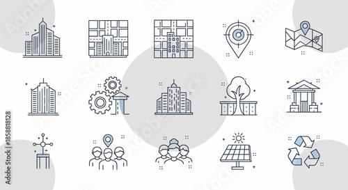City building and urban planning thin line icon set for sustainable development.