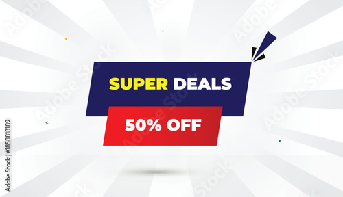 super deals fifty percent off editable eps format web banner vector art illustration template design deep blue red gradient shapes yellow bold font white gray gradient abstract illustration sun shine 
