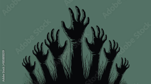 Multiple zombie hands reaching up in dark spooky atmosphere