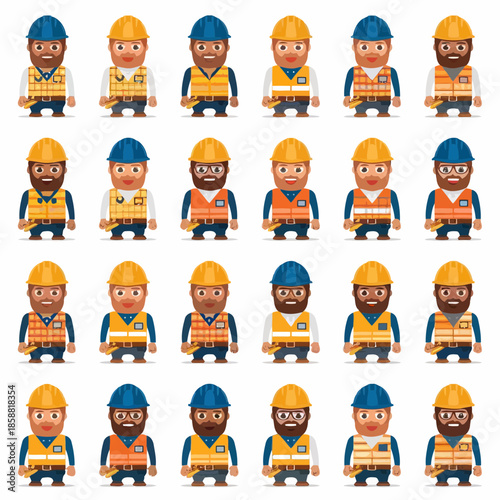 Diverse group of construction workers with helmets and safety vests in various poses isolated on