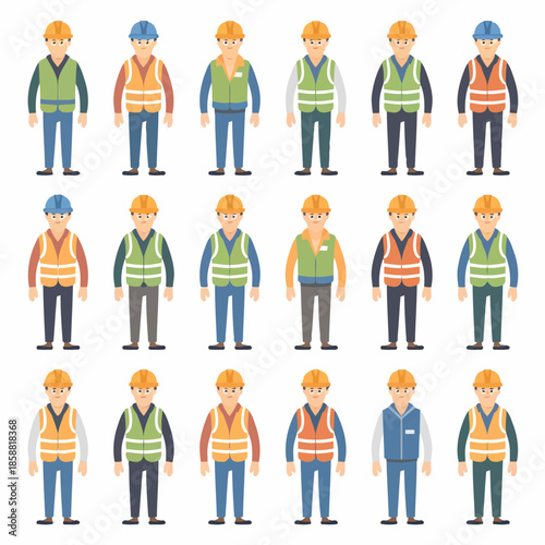 Group of construction workers in different uniforms and helmets standing in rows, isolated on