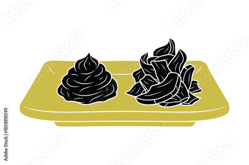 Wasabi paste and pickled ginger on a yellow serving plate