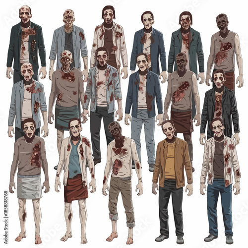 Group of zombies standing together in a row, detailed illustration of undead characters with various injuries and expressions