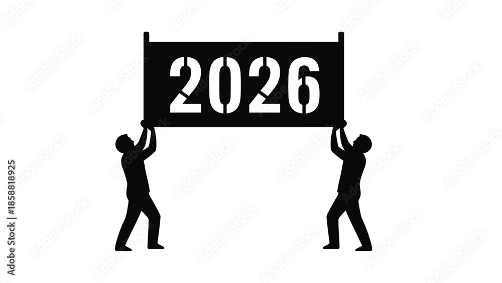 Fototapeta premium Two figures support a sign displaying the year two thousand twenty six
